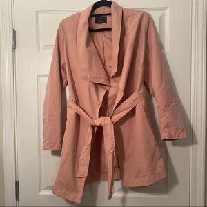 NWOT love tree pink small nylon blend open light coat with tie around the waist